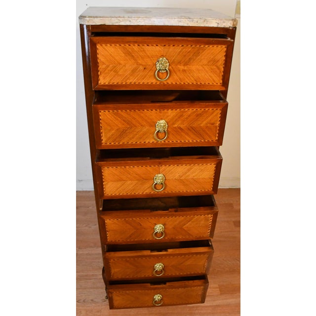 1900s Antique French Louis XV Walnut Inlaid & Marble Top Lingerie Stand For Sale - Image 11 of 16