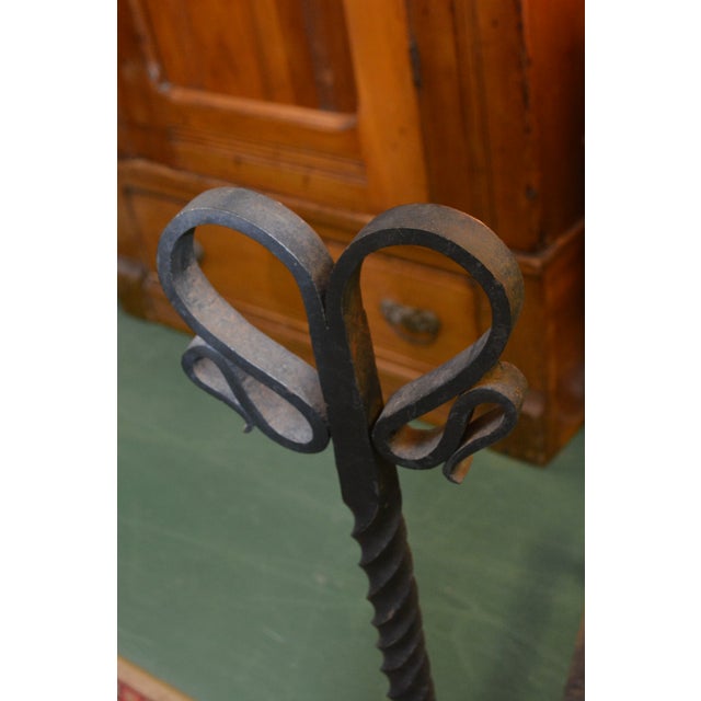 Gothic Vintage Pair Tall Black Gothic / Arts & Crafts Scroll & Twisted Iron Fire Dogs Fireplace Andirons For Sale - Image 3 of 14