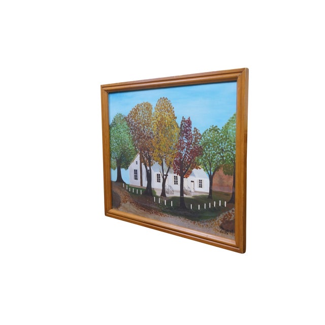Farmhouse Margaret Skiles White Farmhouse in Autumn Oil Painting on Board 30" For Sale - Image 3 of 13