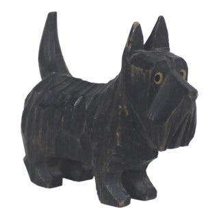 Vintage Hand Carved Wood Scottie Dog Figurine Canine Folk Art For Sale