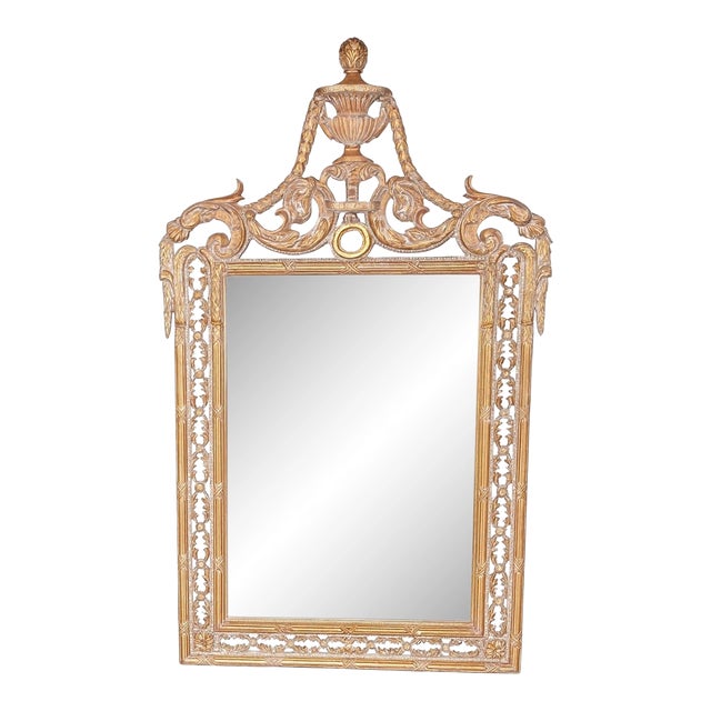 Louis XVI Giltwood Mirror With Urn Crest & Pierced Ribbonwork — 56″ Neoclassical Elegance For Sale