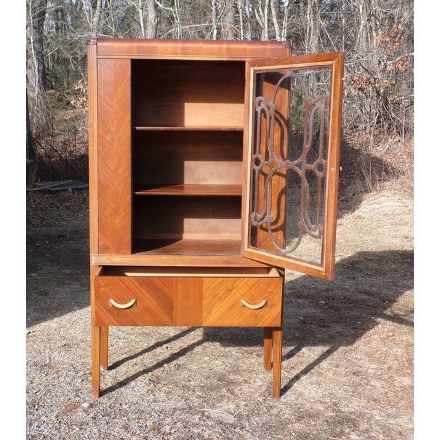 1930's Antique Walnut & Glass Art Deco Waterfall Curio China