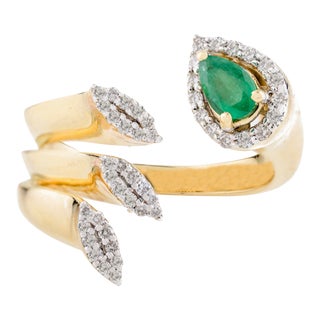 Pear Shape Emerald & Halo Diamond Open Wrap Ring Size 5 For Sale