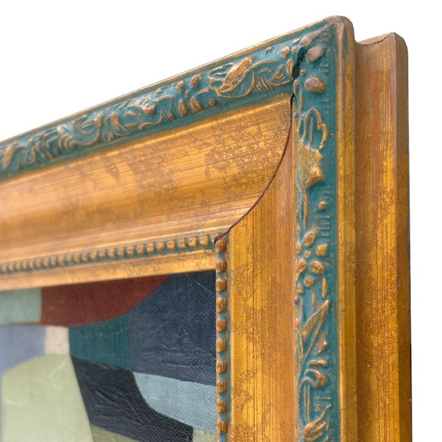 Contemporary Teal Blue Abstract Oil Painting in Vintage Gold Frame For Sale In New York - Image 6 of 6