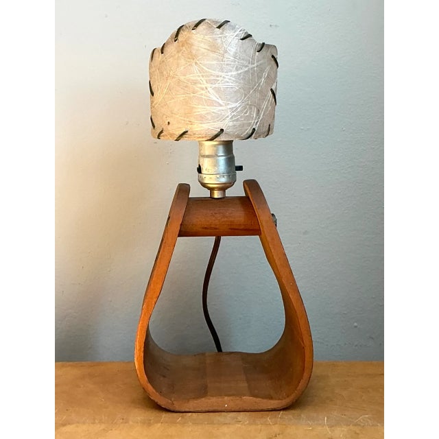Vintage Mid-Century Modern Wood and Metal Stirrup Table Lamp For Sale - Image 10 of 12