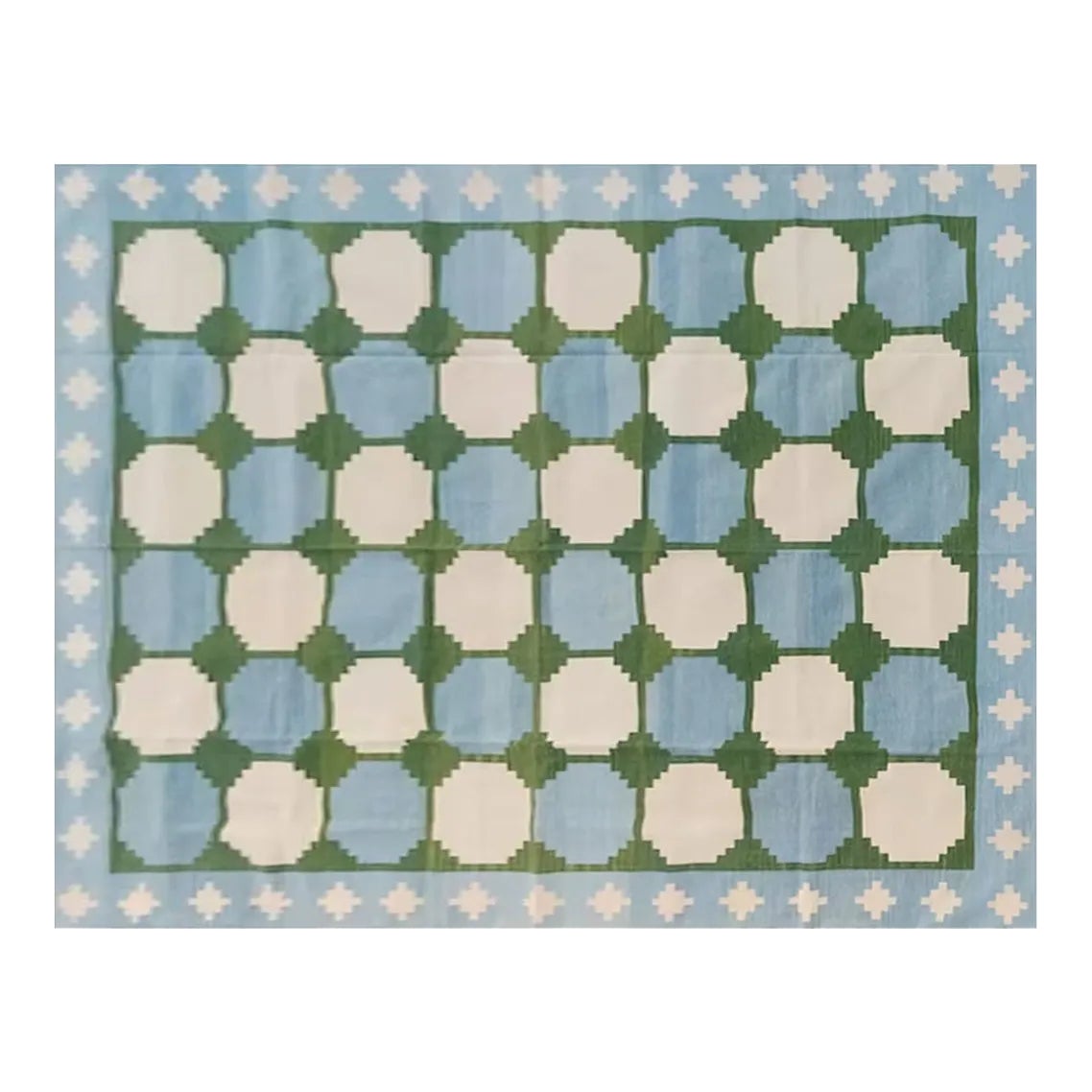 Handmade Cotton Flat Weave Reversible Box Pattern Sky Blue and Forest ...