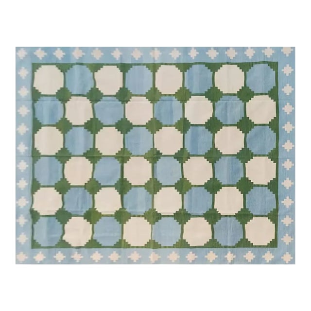 Handmade Cotton Flat Weave Reversible Box Pattern Sky Blue and Forest Green Area Rug - 4'x6' For Sale