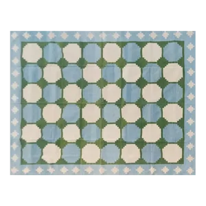 Handmade Cotton Flat Weave Reversible Box Pattern Sky Blue and Forest Green Area Rug - 4'x6'