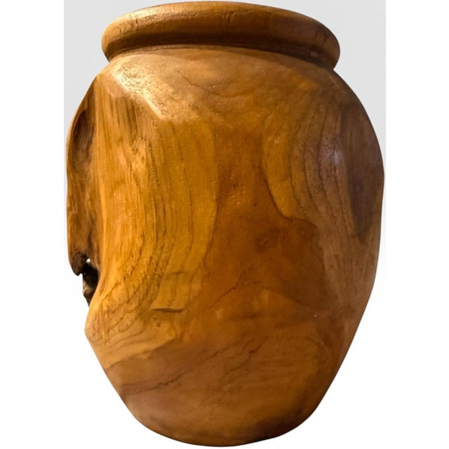 Late 20th Century Handcrafted Wabi Sabi Turned Teak Root Wood Urn Vessel With Organic Natural Knots and Voids For Sale - Image 5 of 14
