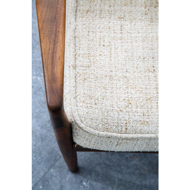 Brown Mid Century Danish Modern Lounge Chair Walnut Wool Fabric Armchair Vintage White For Sale - Image 8 of 12