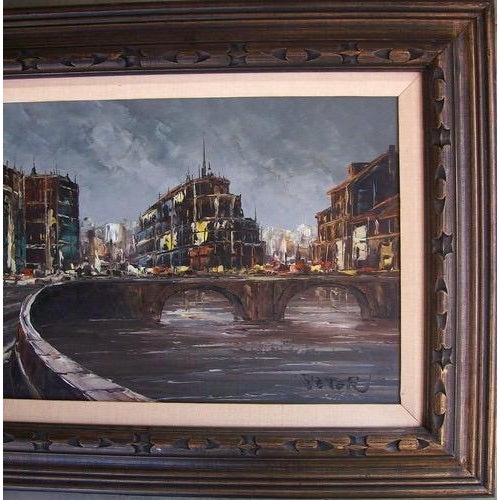 Vintage 53” Mid Century Cityscape Oil Painting Framed Signed For Sale - Image 4 of 5