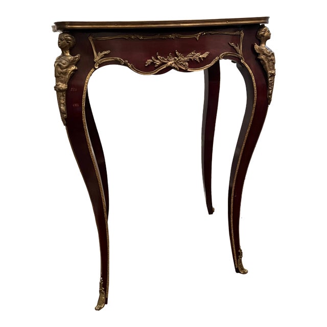 1990s Vintage French Style Painted Figures Brass Ormolu Accents Tall Table For Sale