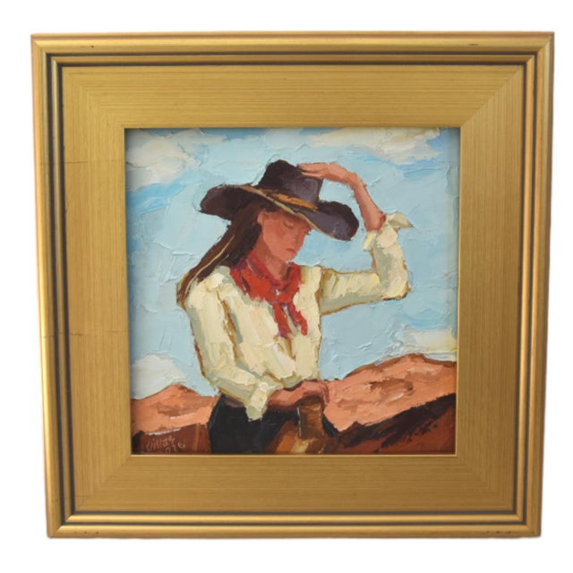 2020s Impressionist Western Cowgirl & Horse Painting Including the Antiqued Gold Wood Frame For Sale - Image 5 of 5