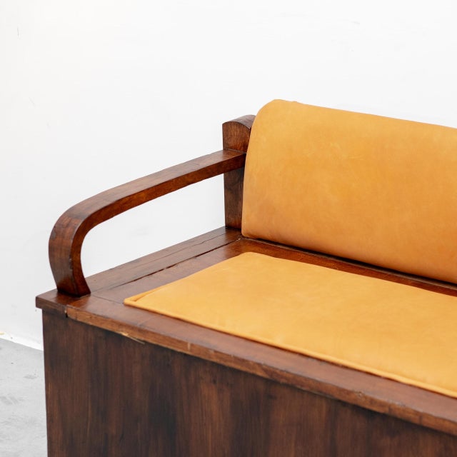 Wooden and Brown Leather Chest Bench, 1950s For Sale - Image 4 of 11