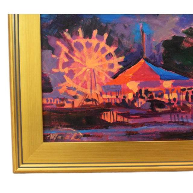 Impressionist painting on stretched canvas of an illuminated carnival amusement park scene at night, featuring a prominent...