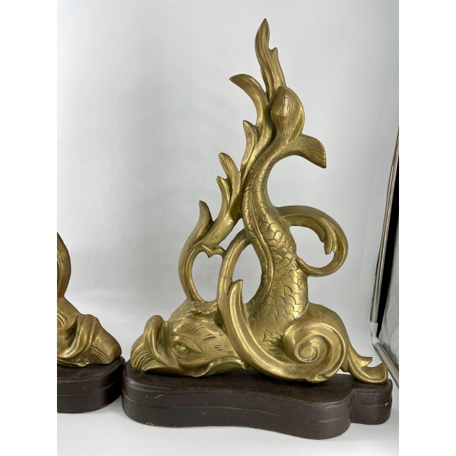 Mid 20th Century Vintage Brass Dolphin Andirons - a Pair For Sale - Image 5 of 8
