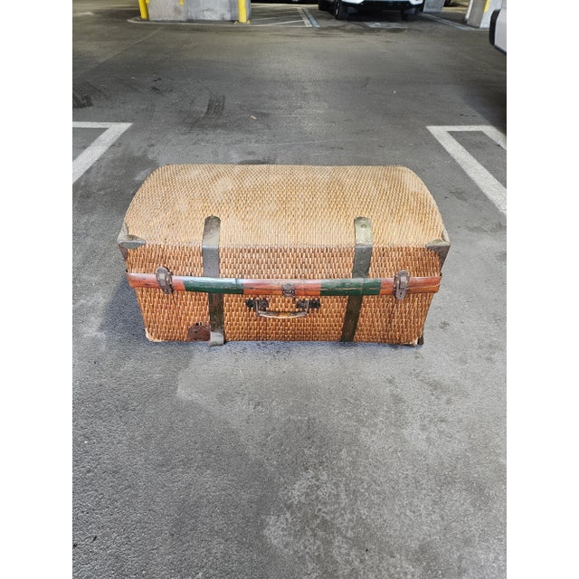 Antique Chinese Republic Period Wicker Trunk With Iron Hardware showing its age with old repairs but with great charm