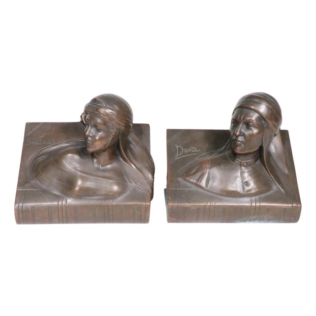 Pr. Bronze Finish Clad Dante and Beatrice Bookends by Jennings Brothers C. 1930's For Sale