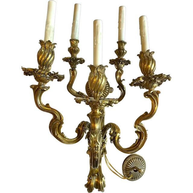 Rococo Pair 19th Century French Rococo Revival Gilt Bronze Five-Light Wall Sconces For Sale - Image 3 of 11