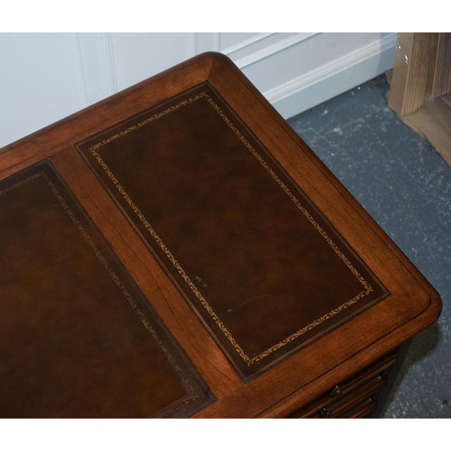 Vintage Hekman Usa Twin Pedestal Desk with Brown Leather Top Brass Handles For Sale - Image 15 of 18