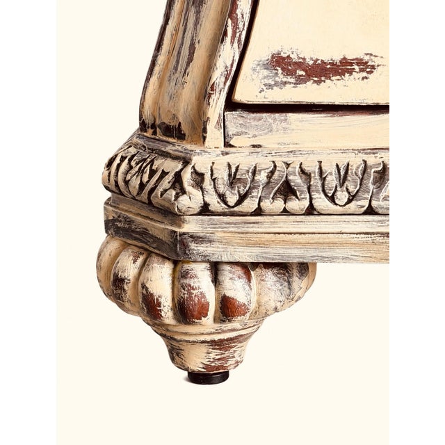 French Provincial Chest of Drawers • Distressed Cream Dresser • Caramel Marble Top •Carved Solid Wood • 3 Drawer Vintage Furniture For Sale In Naples, FL - Image 6 of 6