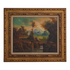 1950s Means Artist Signed European Lake Scene Oil Painting on Canvas