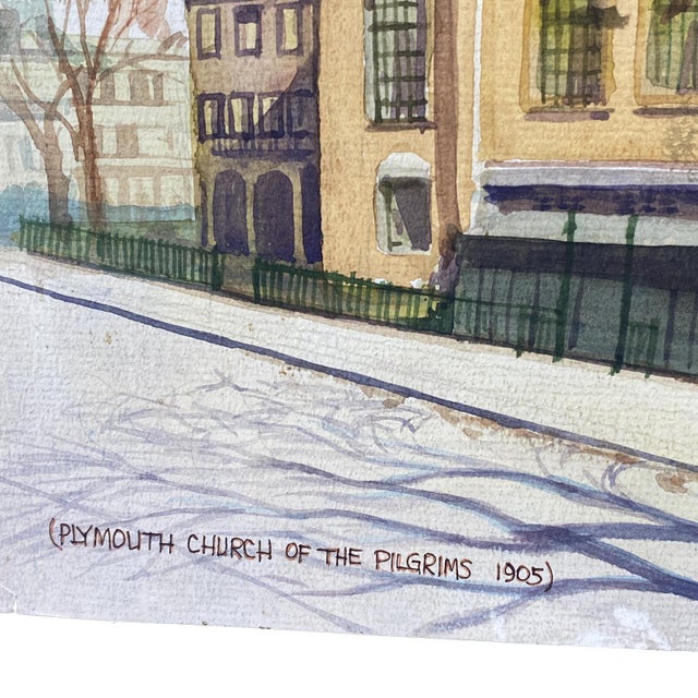 Original signed watercolor by Nik Puspurica, painted in 1980, depicting the historic Plymouth Church of the Pilgrims in...