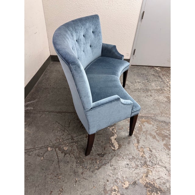 Blue Bespoke Curved Velvet Banquette For Sale - Image 8 of 12