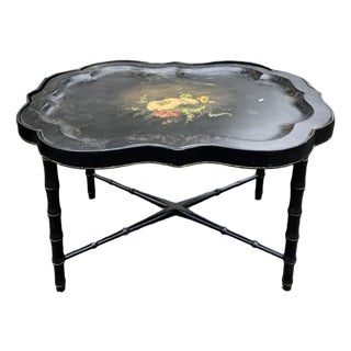 19th Century Victorian Black Lacquered Tole Tray Table For Sale