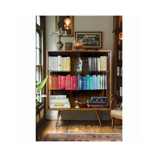 Czech bookcase from 1973 Completely renovated: all old layers removed, walnut veneer coated with hardwax oil with a...