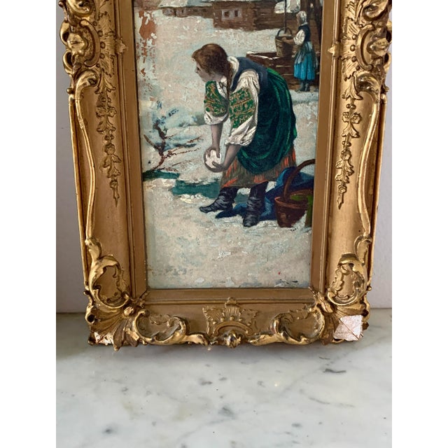 Wood Antique 19th Century Russian Framed Oil on Board Paintings of a Snowball Fight, Pair For Sale - Image 7 of 13
