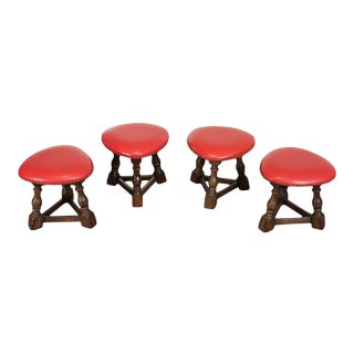 Jacobean Style Vintage Low Oak Stools - Set of 4 For Sale