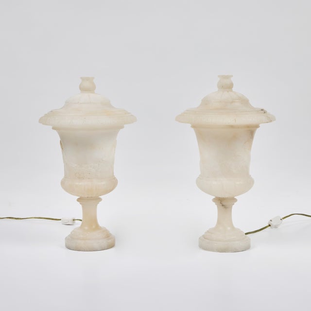 Italian Pair Vintage Italian Small Lidded Urn Alabaster Lamps For Sale - Image 3 of 9