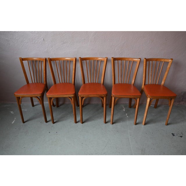 Bohemian Bistro Chairs with Spindles and Havana Orange Imitation Leather from Baumann, 1960s, Set of 5 For Sale - Image 4 of 15