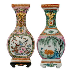 Vintage Chinese Famille Rose Petite Square Baluster Vases With Removable Stands - Pair