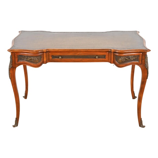 Theodore Alexander French Louis XV Walnut Bureau Plat Leather Top Desk With Mounted Bronze Ormolu For Sale