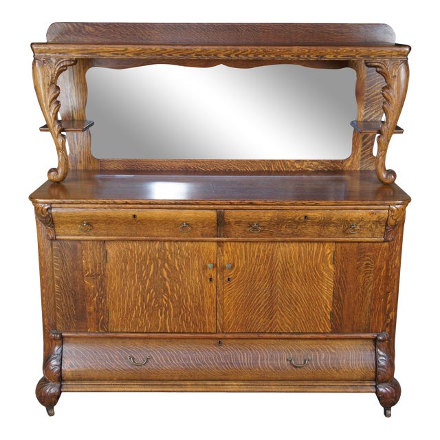 Antique Victorian Quartersawn Oak Sideboard & Mirror Buffet Bar Back