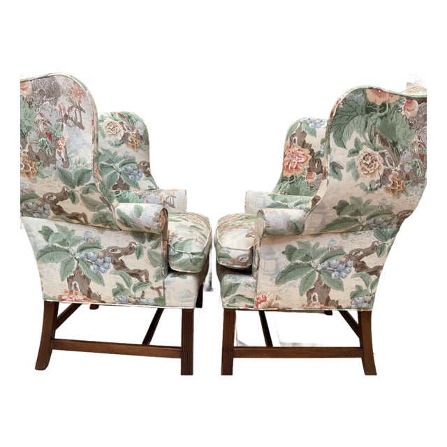 Presenting a pair of elegant English traditional wing chairs, newly upholstered in Lee Jofa’s exquisite “Chinese Lantern...