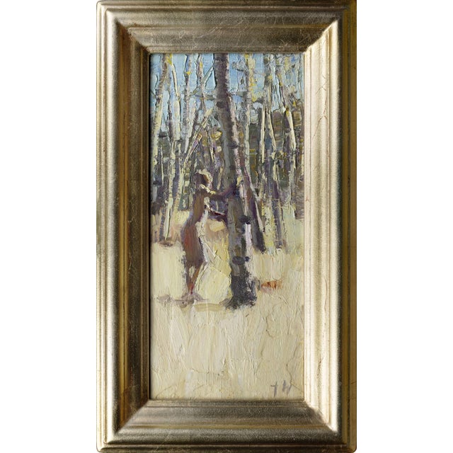 This oil on panel artwork captures a serene moment amongst a grove of aspen trees, where a figure interacts gently with...