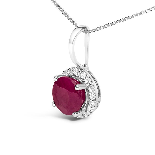 Contemporary 10K White Gold Red Ruby and 1/10 Cttw Diamond Accent Halo Pendant Necklace For Sale - Image 3 of 5
