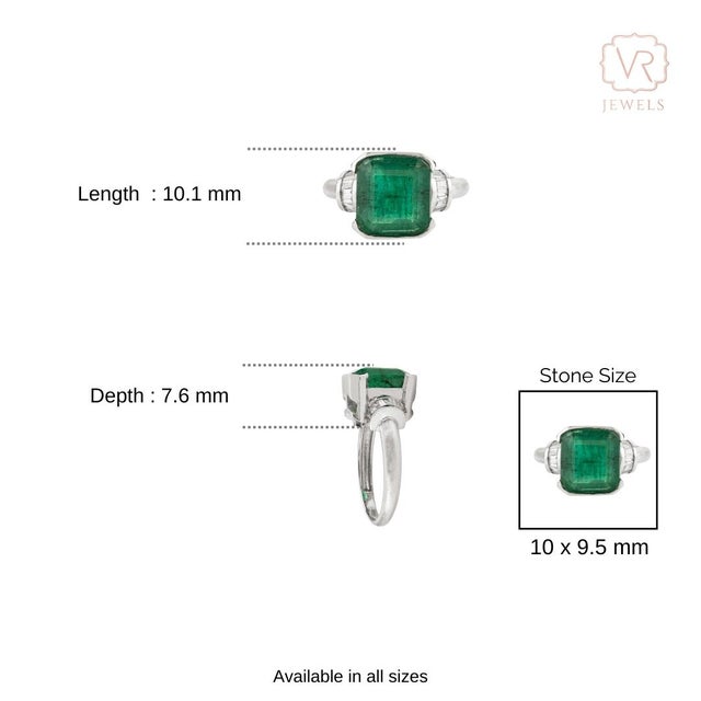 Art Deco 4.37 Carat Emerald & Baguette Diamond Ring Size 6.5 in 14k White Gold For Sale - Image 9 of 13