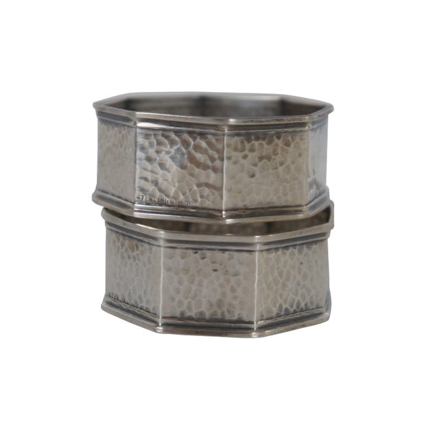 "Pair of early 20th century antique hammered sterling silver, octagonal napkin rings with beveled edges, crafted by G.H....