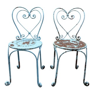 Antique French Wrought Iron Heart-Back Bistro Chairs, Pair, Original Chippy Blue Paint For Sale