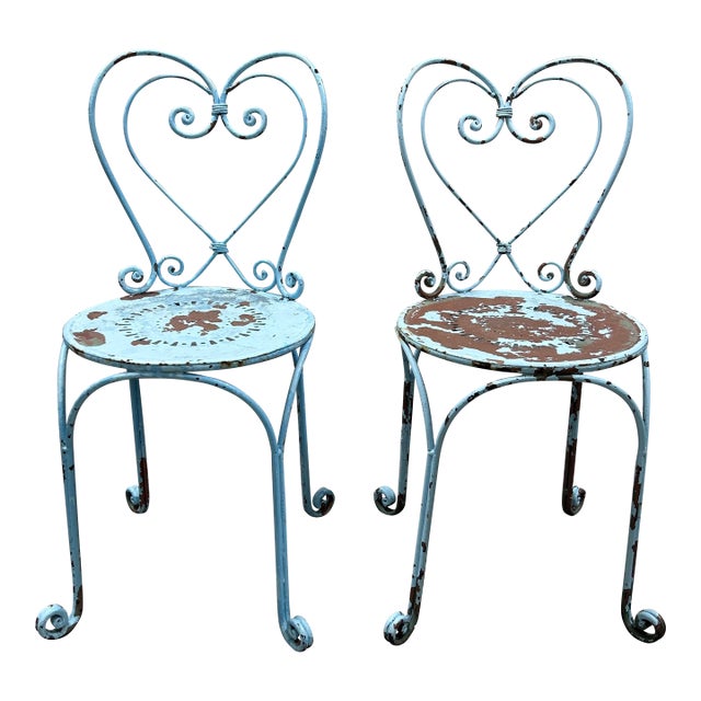 Antique French Wrought Iron Heart-Back Bistro Chairs, Pair, Original Chippy Blue Paint For Sale
