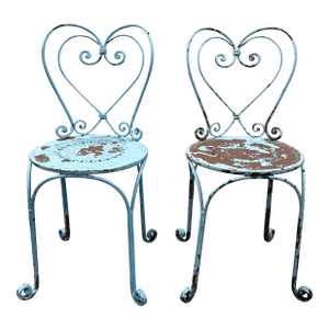 Antique French Wrought Iron Heart-Back Bistro Chairs, Pair, Original Chippy Blue Paint