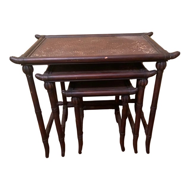 1980s Set of 3 Pagoda Style Bamboo Nesting Tables For Sale