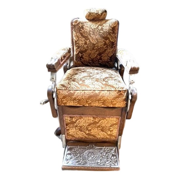 Antique Koken Barbers’ Chair, Upholstered, Hydraulic Pump, Headrest, Footrest, Oak For Sale