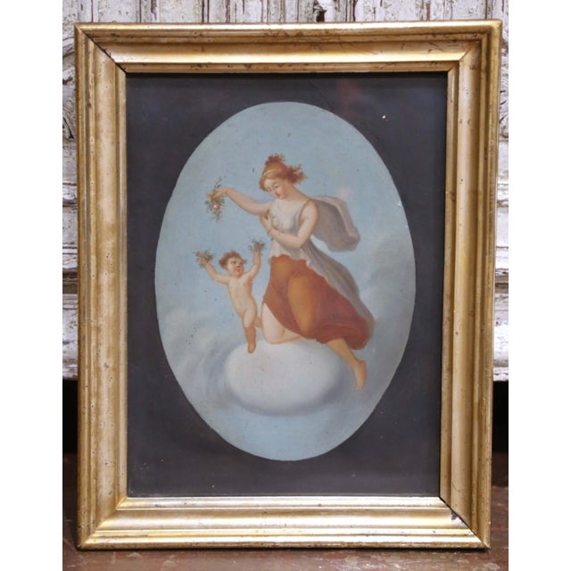 Mid 19th Century 19th Century French Neoclassical Gouache of Flora and Putto in Giltwood Frame For Sale - Image 5 of 7