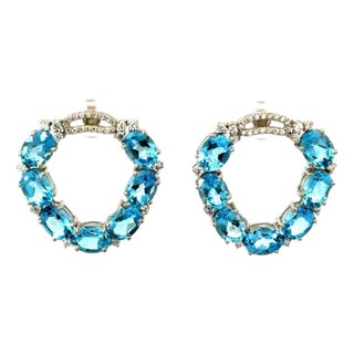 Modern 20.7 CTW Blue Topaz Statement Earrings With Cubic Zircon Set in Silver- A Pair For Sale