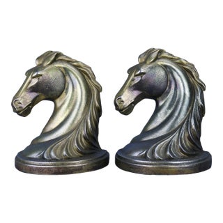 1930s Antique Pair of Art Nouveau Metal Horse Head Bookends For Sale